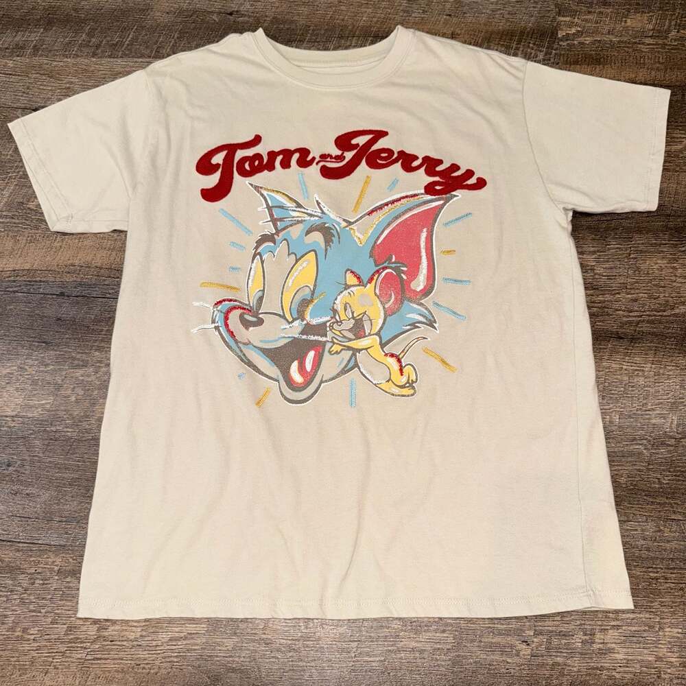 Tom and Jerry Beige medium T-Shirt Felt Letters Cotton Blend
